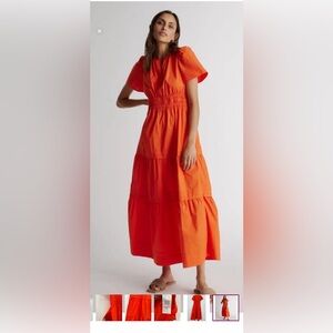 Quince Red Organic Cotton Tiered Maxi Dress sz L Women's Pockets Poplin Fabric